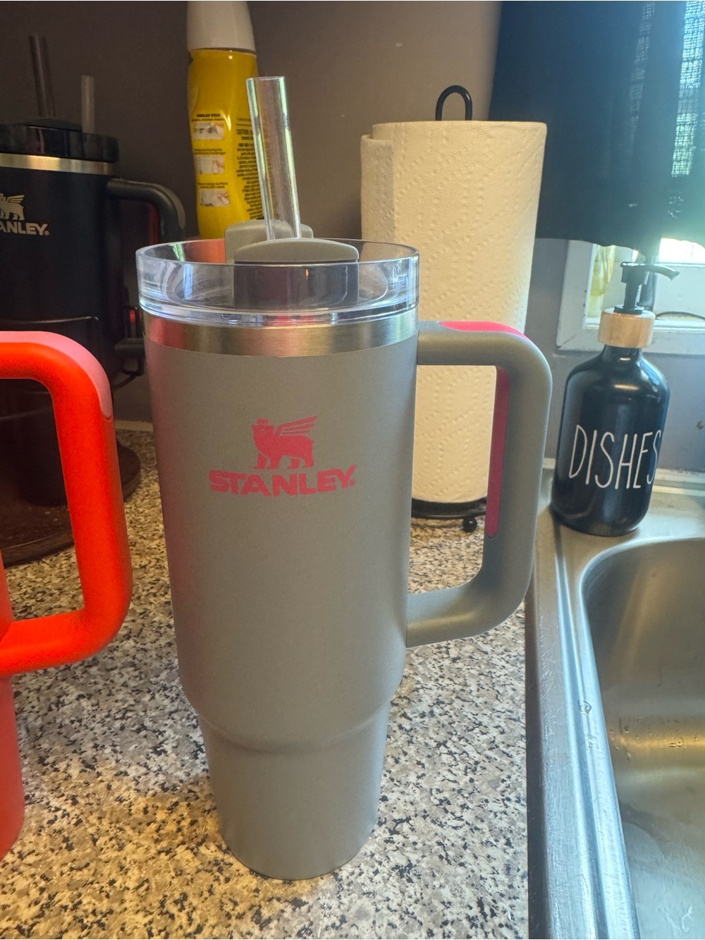 Stanley Gray Travel Tumbler with Pink Logo and Handle Accents